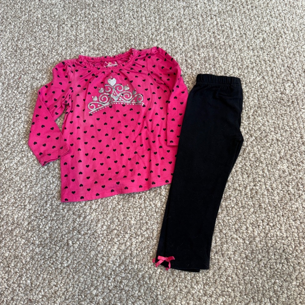 Jumping Beans Girls Pink Heart Tiara Top and Black Leggings Set Size 24 Months